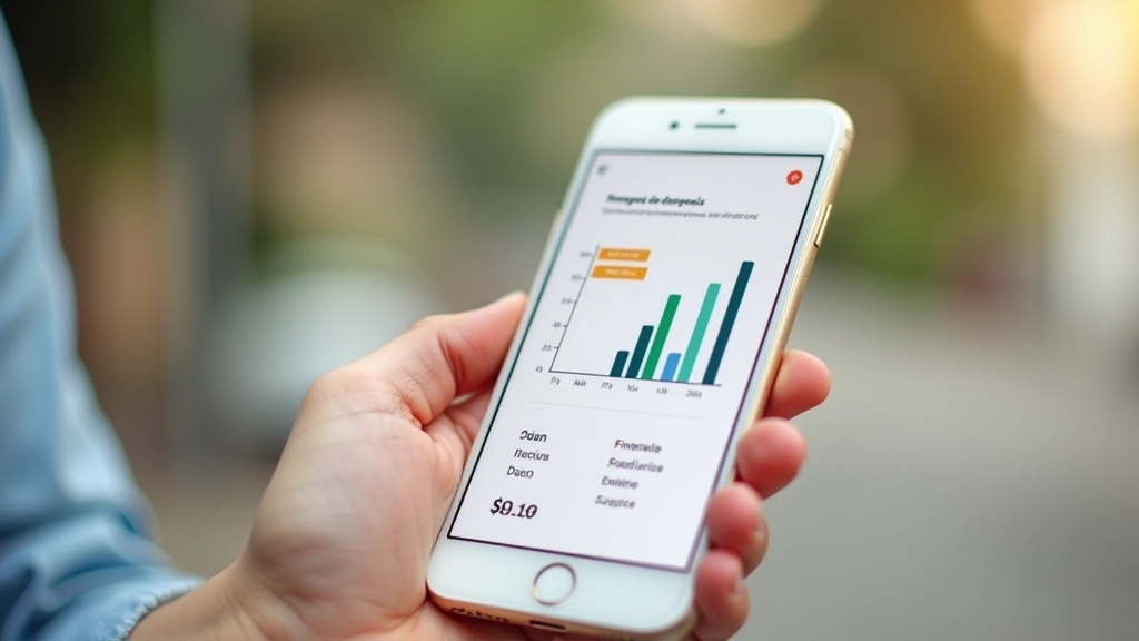 Gráfico de despesas mensais numa aplicação financeira, com categorias codificadas por cores, smartphone em perspetiva