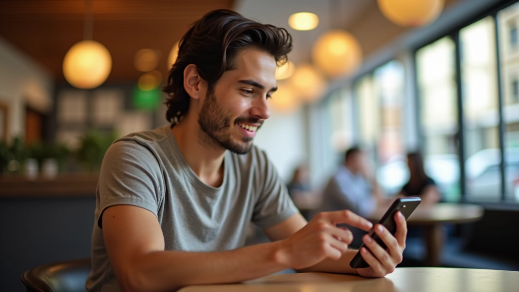 Jovem a consultar aplicação bancária no smartphone, em café moderno com luz natural