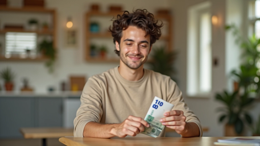 Jovem a contar notas de euro, focado e concentrado, iluminação natural suave
