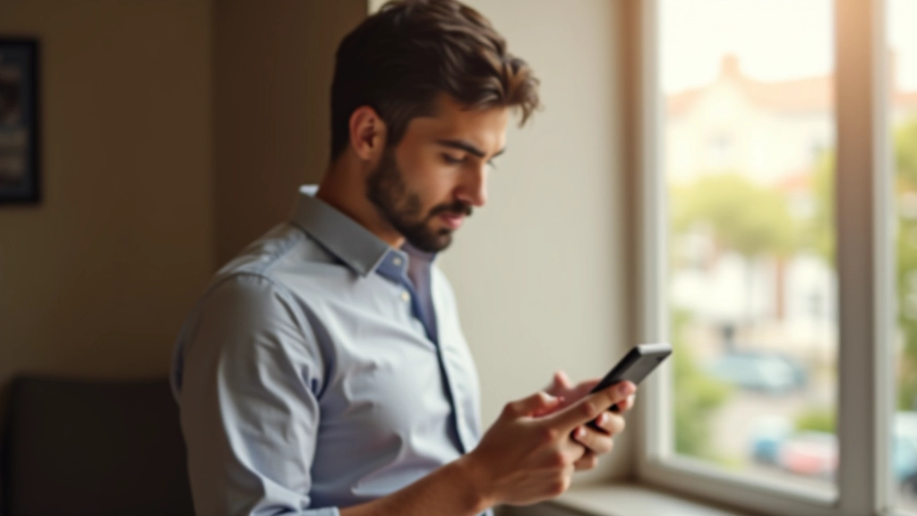 Jovem a usar aplicação bancária no telemóvel, gesto de dúvida pensativo, luz natural de janela