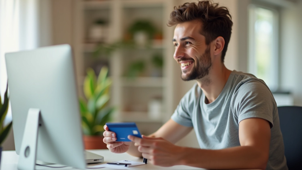 Jovem adulto sorridente segurando cartão de débito, computador com aplicação bancária ao fundo, iluminação natural
