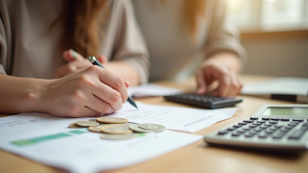 Mãos a segurar notas de euro e moedas, mesa com caderno de orçamento, caneta e calculadora