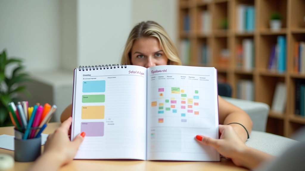 Secretária organizada com planeador mensal aberto, canetas coloridas e gráfico de orçamento